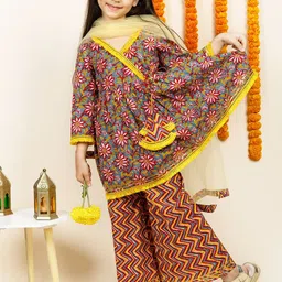 BEBE UNICORN Girls Floral Printed Angrakha Gotta Patti Pure Cotton Kurta with Palazzos & With Dupatta-picture-58