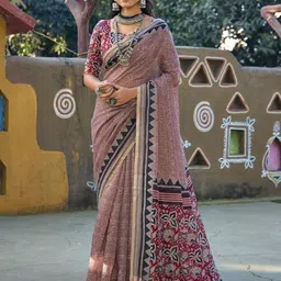 KALINI Ethnic Motifs Kantha Work Block Print Saree-image-71
