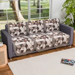 Myntra Elegant Homes Cream-Coloured & Brown 6 Pieces Printed Velvet 3 Seater Sofa Covers-5