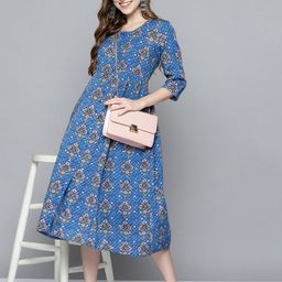 HERE&NOW Blue & Pink Ethnic Motifs A-Line Midi Dress-image-36