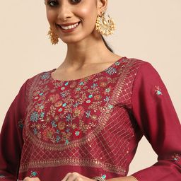 Sangria Women Red Yoke Design Sequined Kurta-56