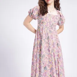 Stylecast X Hersheinbox Flaunt The Flare Floral Printed Puff Sleeve A-Line Midi Dress-image-70