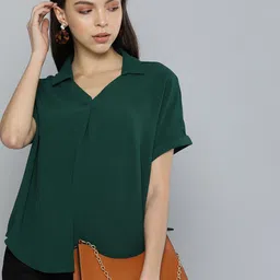 Chemistry Green Solid Shirt Collar With Extended Shoulders Boxy Fit Top-image-51