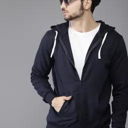 Campus Sutra Men Navy Blue Solid Hooded Sweatshirt-picture-1