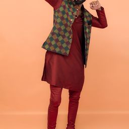 KISAH Mandarin Collar Straight Kurta with Churidar & Printed Nehru jacket-90