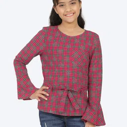 CACA CINA Red Checked Bell Sleeves Top-picture-26