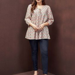 DRESOUL Floral Printed Tie-Up Neck Cotton A-Line Top-image-37