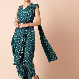 INDYA Teal & White Printed Basic Jumpsuit with Attached Dupatta & Belt image 5