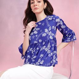 DressBerry Tropical Print Gathered Detail Bell Sleeves Peplum Top-image-84