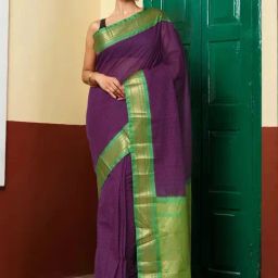 Unnati Silks Dark Purple & Green Pure Cotton Chequered Saree-image-69