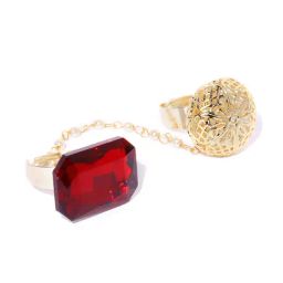 Priyaasi Gold-Plated And Red Stone-Studded Dual Finger Adjustable Ring with Pearls-image-51
