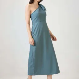 Globus Women Blue One Shoulder Bow Detail Side Slit A-Line Maxi Party Dress-image-2