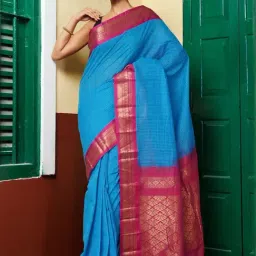 Unnati Silks Blue & Red Pure Cotton Chequered Saree-image-37