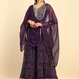 Soch Womens Purple Sequinned Embellished Georgette Jumpsuit With Dupatta-image-1