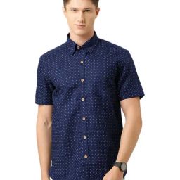 Burnt Umber Navy Cotton Regular Fit Printed Shirt-image-16