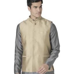 Tabard Beige Mandarin Collar Printed Nehru Jacket-image-4