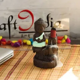 Meditating Monk Buddha Decorative Showpiece with 10 free Smoke Backflow Scented Cone Incenses-image-91