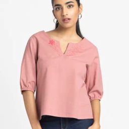 SHAYE Pink Round Neck Embroidered Short Sleeves Casual Top For Women-image-10