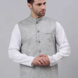 NEUDIS Grey Sleeveless Mandarin Collar Nehru Jacket-image-82