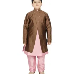 SG Yuvraj Kids Brown & Pink Textured Pattern Full Sleeves Kurta Set-image-40
