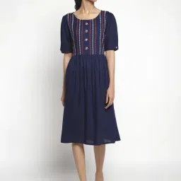 Aurelia Navy Embroidered A-Line Dress-image-96
