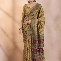 Saree Mall Beige Printed Sarees With Unstitched Blouse-image-57