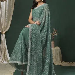 Saree Mall Teal green Georgette Embellished Saree with Blouse Piece-picture-2