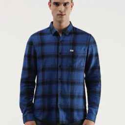 Lee Navy Cotton Slim Fit Checks Shirt-image-38
