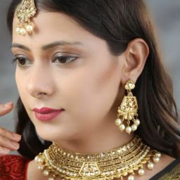 Priyaasi Pearl White & Golden Necklace, Earring & Maang Tikka Set-image-74