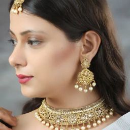 Priyaasi Pearl White & Golden Necklace, Earring & Maang Tikka Set-image-62