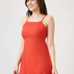 Globus Women Orange Square Neck Stylized Tie Back Detail Scalloped Hem Fit & Flare Mini Party Dress-image-61