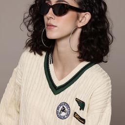 The Roadster Lifestyle Co. Contrast Striped Pure Acrylic Cable Knit Pullover-image-91