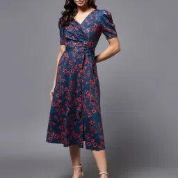 Miss Chase Teal Floral Print A Line Dress-image-93