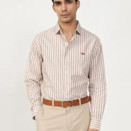 Andamen Beige Cotton Slim Fit Striped Shirt-image-77