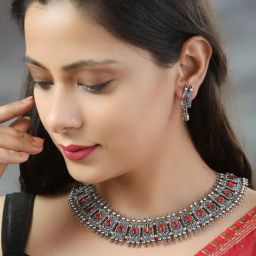 Priyaasi Red & Silver Necklace & Earring Set-image-48