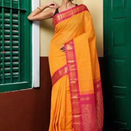 Unnati Silks Yellow & Red Pure Cotton Chequered Saree-picture-12