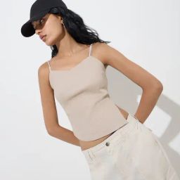 Nuon by Westside Beige Ribbed-Textured Cotton-Blend Crop Top-image-88