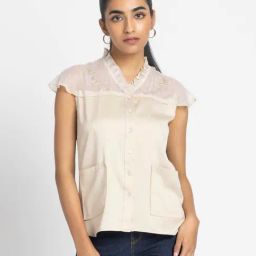 SHAYE Beige V-Neck Embroidered Drop Shoulder Sleeves Casual Top For Women-picture-23