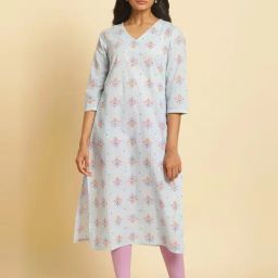 W Blue Printed Straight Kurta-image-58
