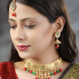 Priyaasi Red & Green Necklace, Earring & Maang Tikka Set-image-3