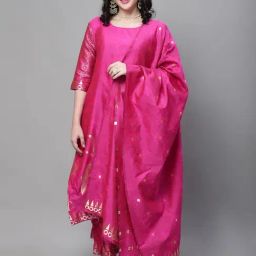 VredeVogel Pink Woven Pattern Kurta Pant Set With Dupatta-image-0