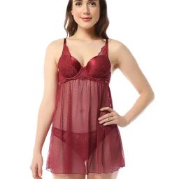 Amante Maroon Lace Work Babydoll-image-91