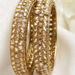 Karatcart Gold-Plated Leaf Design Golden Kundan Studded Bangles Set for Women - Set of 2-image-80