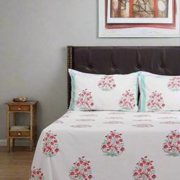 SHAHENAZ Turquoise Blue & White Floral Cotton 210 TC Queen Bedsheet with 2 Pillow Covers-image-64