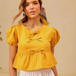 STREET 9 Women Printed Tie-Up Neck Puff Sleeve Cotton Top-image-63