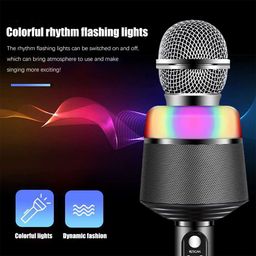 VRJTEC Handheld Karaoke (Black – Color) Mic with Inbuilt Bluetooth Speaker, Clear Sound Quality Recorder, Colorful Lights & Long Play Time Rechargable Microphone for Parties, Singing, Presentations image 4