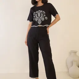 ZUMMER Embroidered Pure Cotton Top & Trouser Co-Ords Set-11