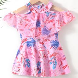 Kookie Kids Sleeveless Frock Swimsuit Tropical Print- Pink-image-88