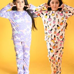 Anthrilo 100% Cotton Pack Of 2 Full Sleeves Nail Paint & Unicorn Theme Printed Night Suits - Off White-image-14