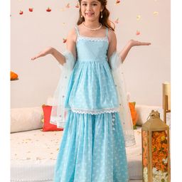 Pspeaches Sleeveless All Over FLower Motif Printed Peplum Kurta With Coordinating Gota Lace Embellished Sharara & Sequin Detailed Dupatta - Blue-image-45
